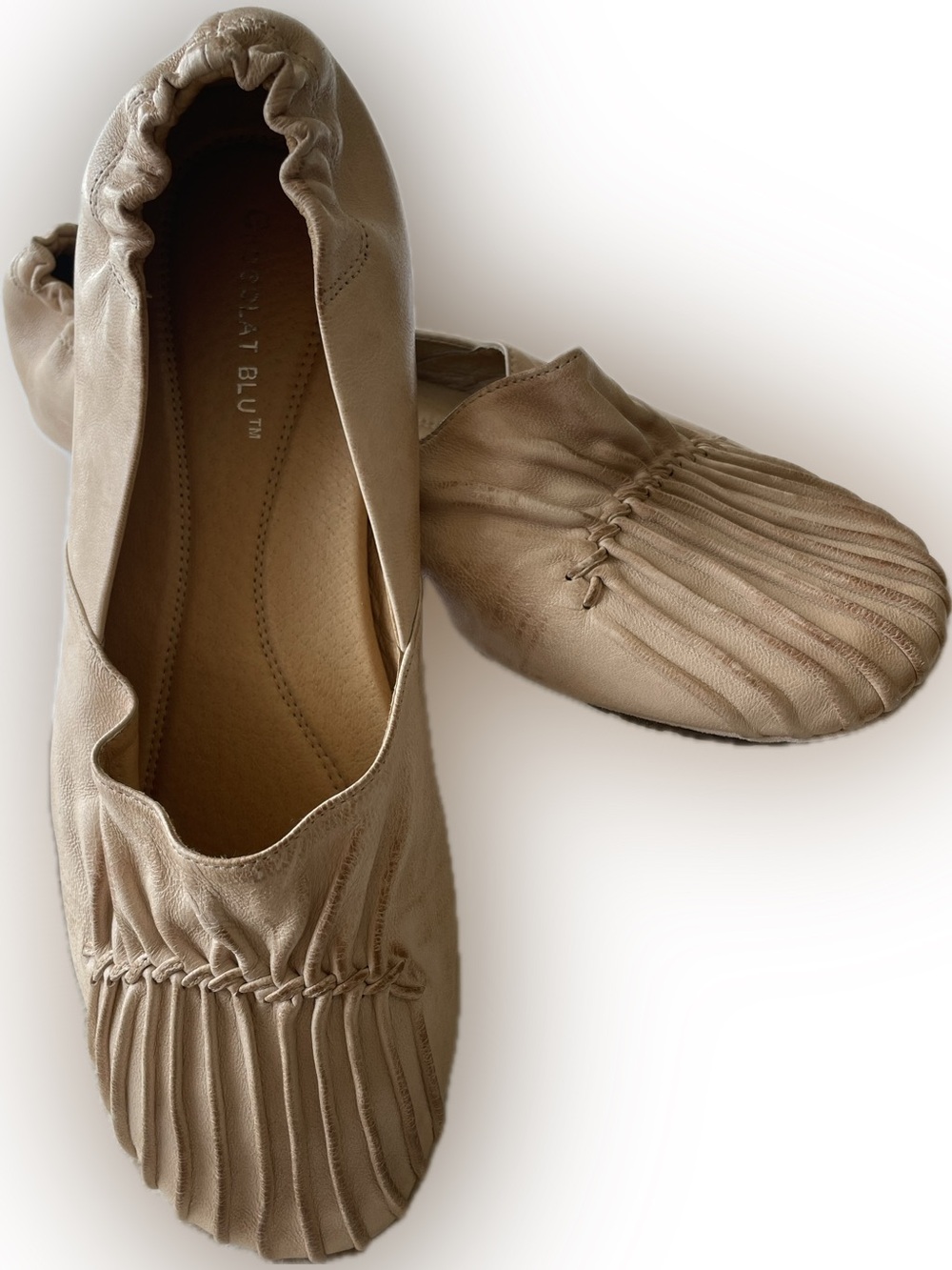 Chocolat Blu Cam2 Pleated Italian Leather Taupe Ballet Flats